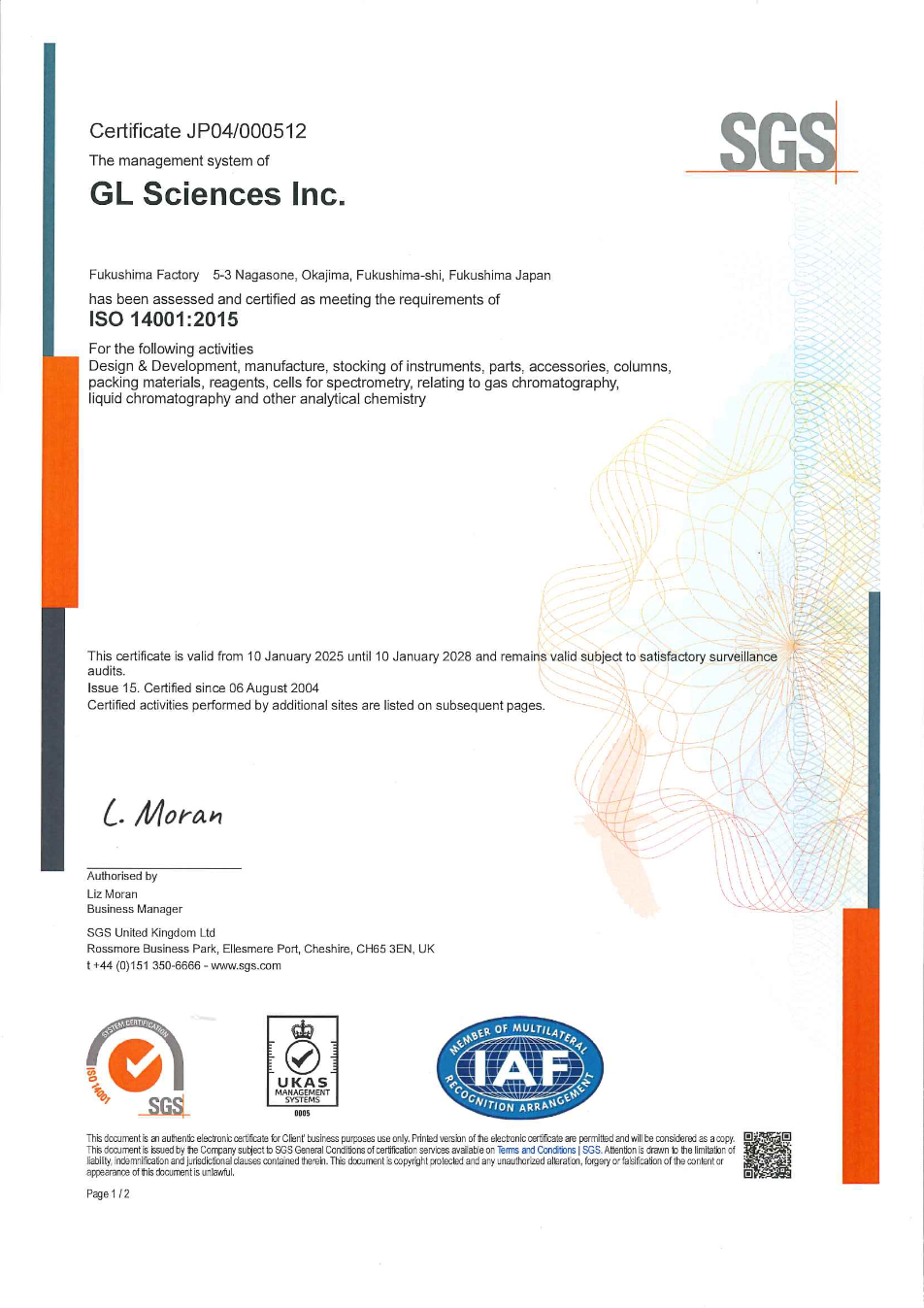 ISO 14001:2015 certificate JP04/000512 issued to GL Sciences Inc. by SGS United Kingdom Ltd, page 1