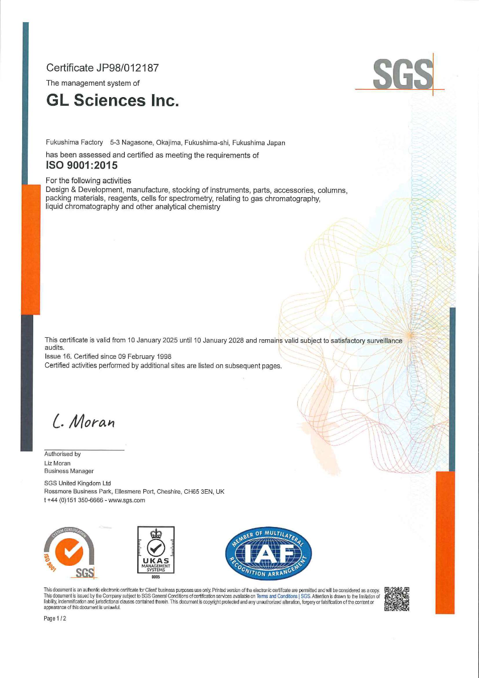 ISO 9001:2015 certificate JP98/012187 issued to GL Sciences Inc. by SGS United Kingdom Ltd, page 1
